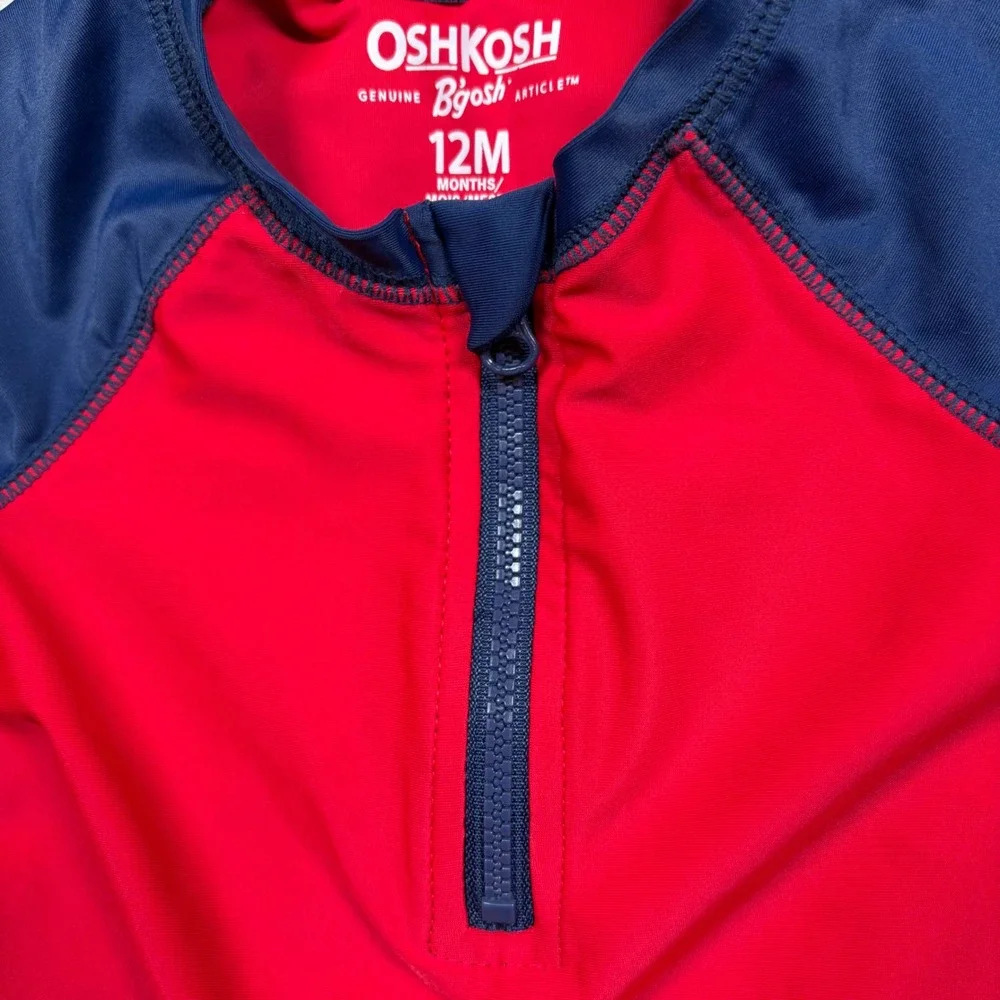 OshKosh B'gosh Boys Rash‎ Guard Swim Shirt Red Navy Shark 12M